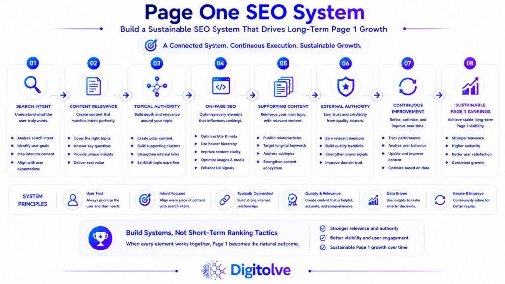 Connected page one SEO system combining search intent, content relevance, topical authority, on-page SEO, supporting content, external authority, and continuous improvement.