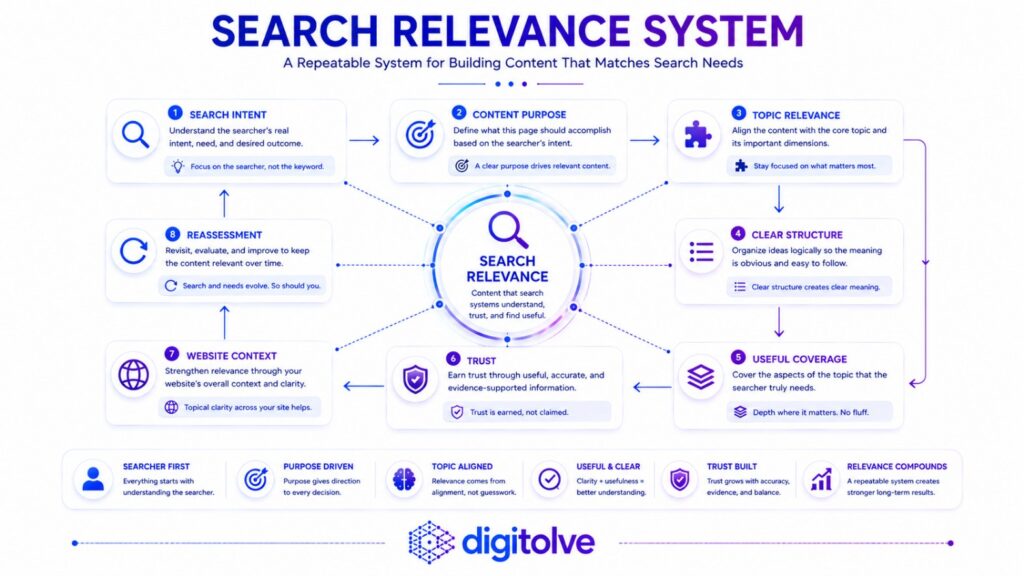 Search relevance system connecting search intent, content purpose, relevance, structure, coverage, trust, context, and reassessment