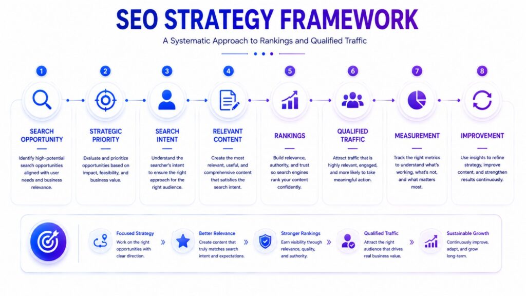 SEO strategy connecting search opportunities, rankings, and qualified traffic