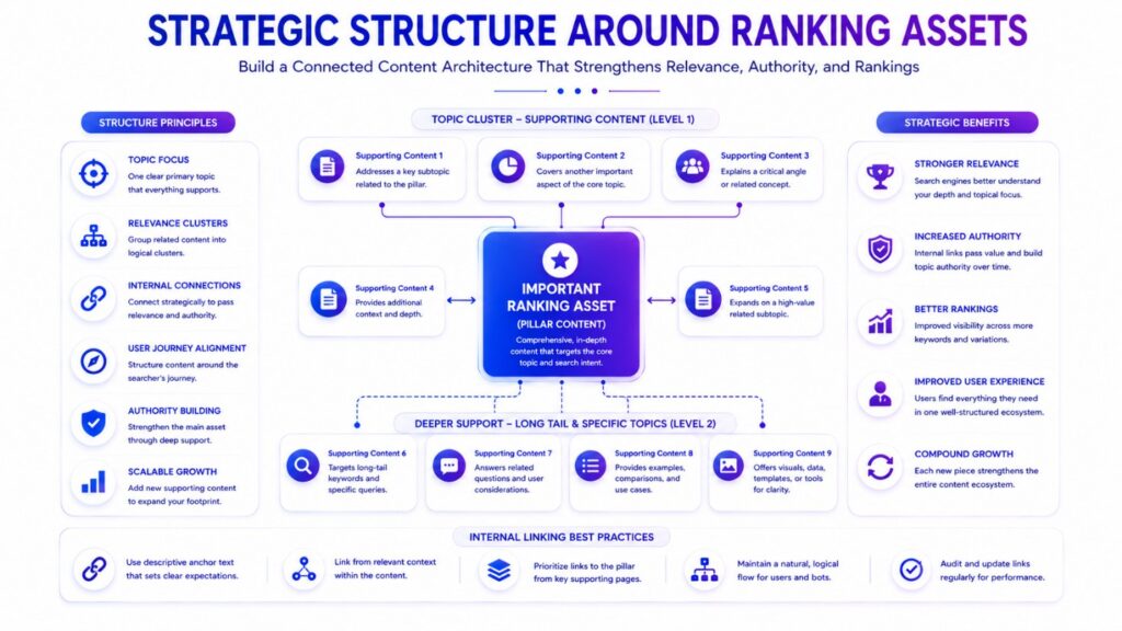 SEO ranking asset connected with supporting content and internal relationships