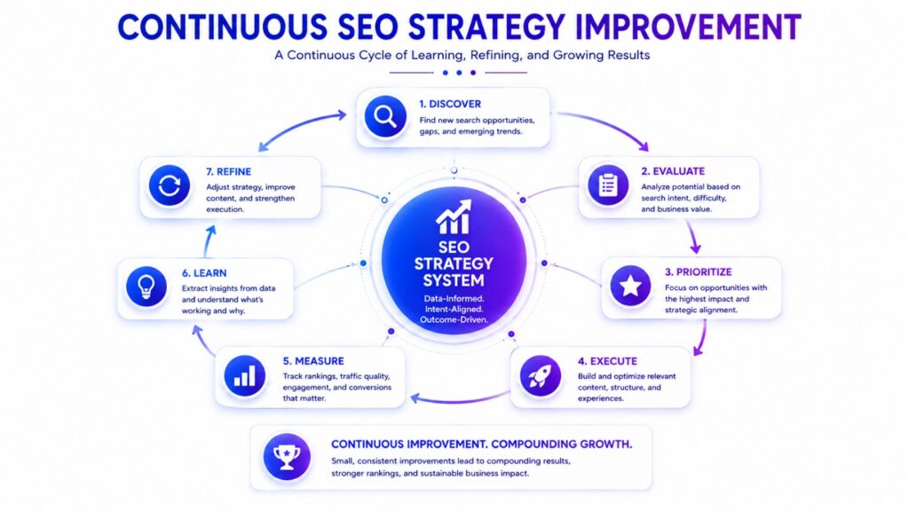 Continuous SEO strategy improvement cycle from discovery to refinement
