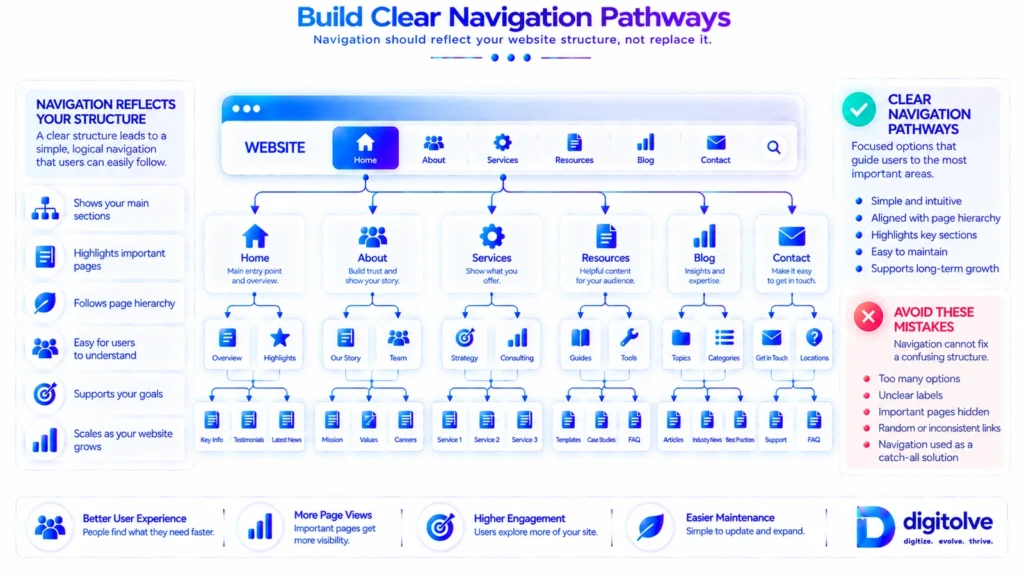 Website navigation pathways connected to important sections and pages