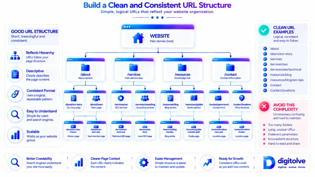 Clean and consistent URL structure aligned with website hierarchy