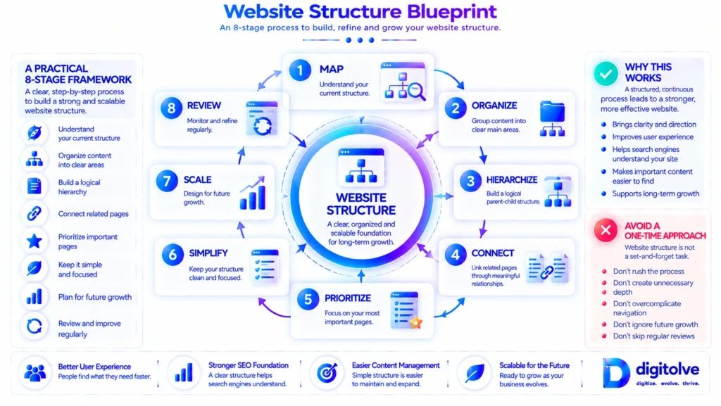 Website structure framework from mapping to organization hierarchy connection prioritization simplification scaling and review