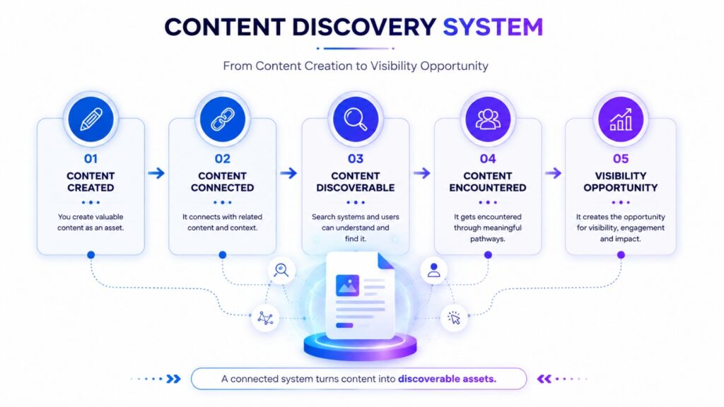 Content discovery system showing how connected content creates discovery opportunities