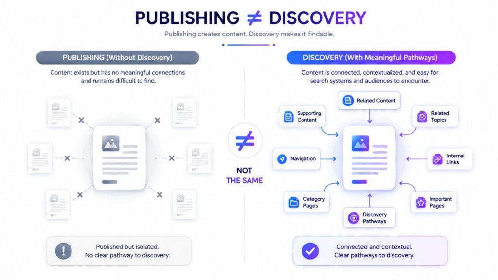 Comparison showing why publishing content does not automatically create discovery