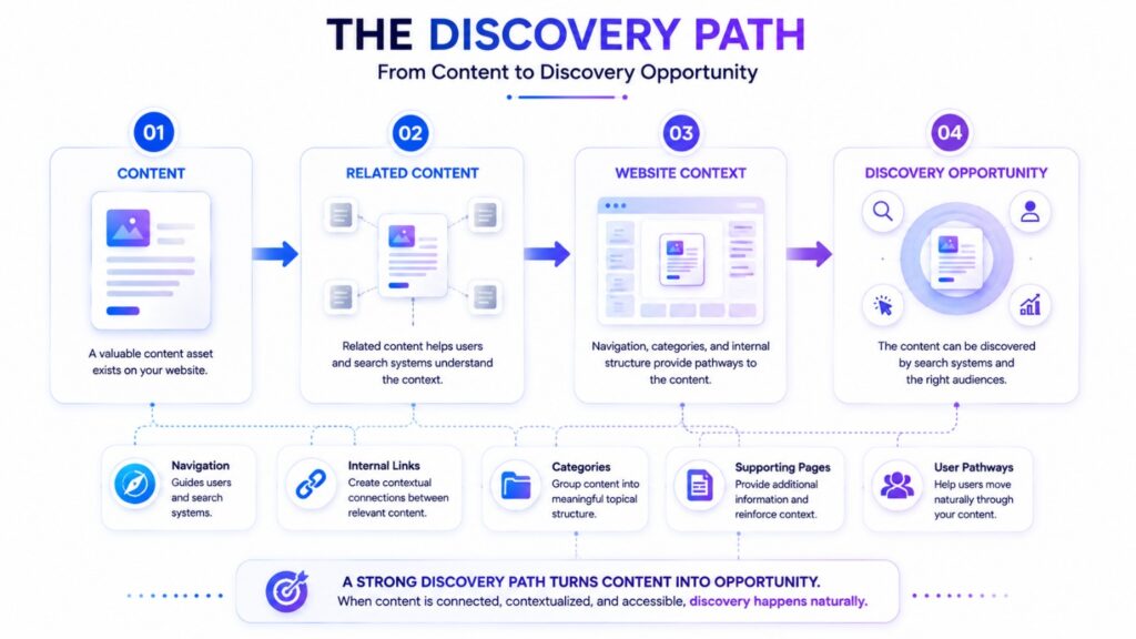 Content discovery path from related content through website context to discovery opportunity