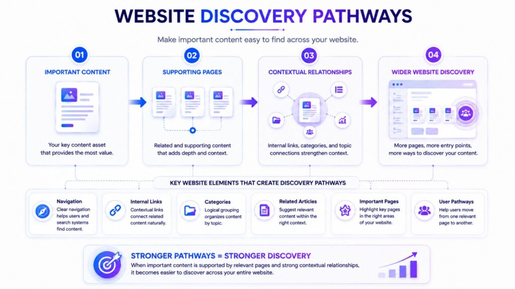 Website discovery pathways connecting important content with supporting pages and contextual relationships