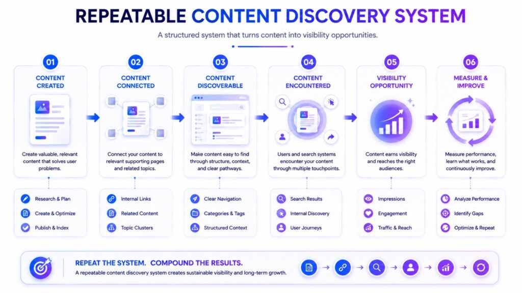 Repeatable content discovery system from content creation to visibility opportunity and improvement