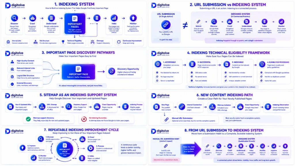 Indexing system showing how Google can discover, crawl, understand, index, and monitor important website pages