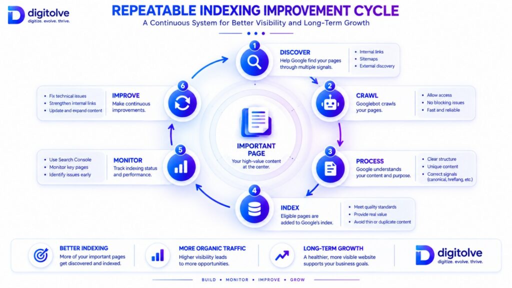 Indexing improvement cycle showing discover, crawl, process, index, monitor, and improve