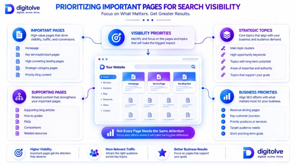 Website visibility framework prioritizing important pages, strategic topics, supporting pages, and business priorities
