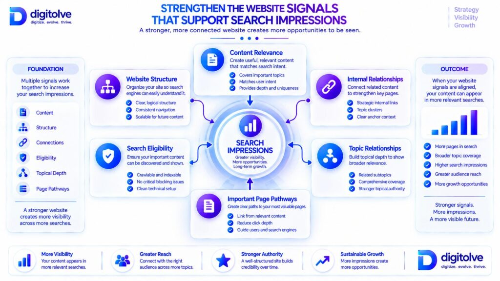 Website signals supporting search impressions through content relevance, structure, internal relationships, and search eligibility