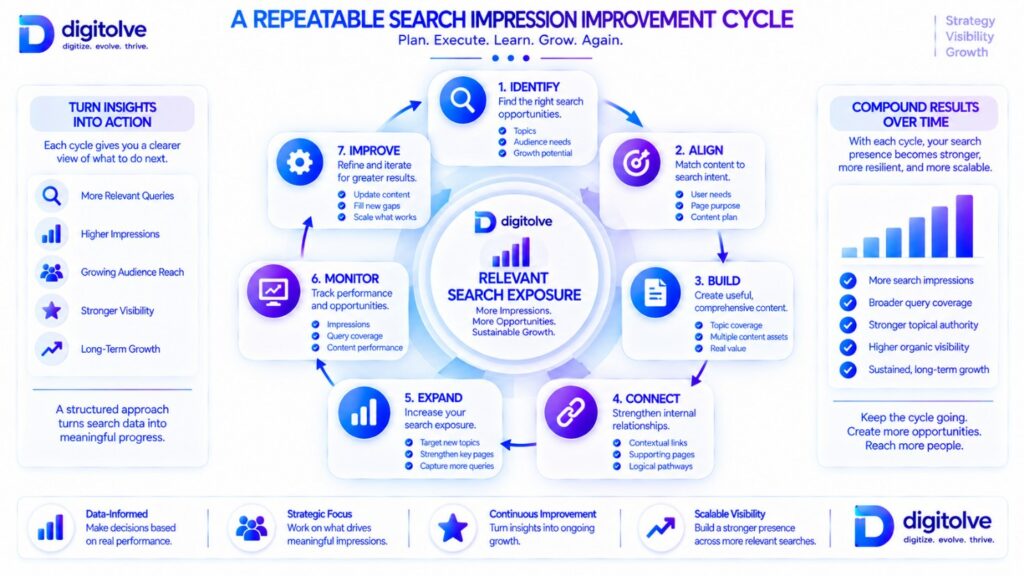 Seven-step search impression improvement cycle from identifying opportunities to continuous improvement