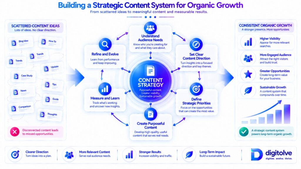 Content strategy system connecting audience needs with organic growth