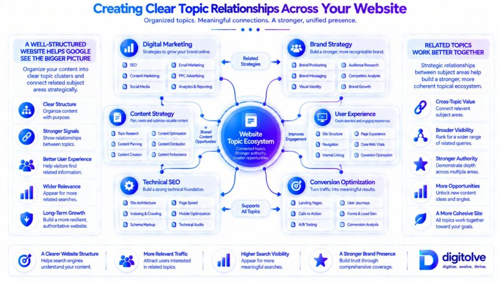 Website-wide topical relationships and organized topic clusters